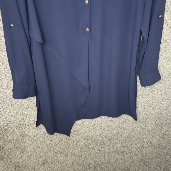 Chicos Top Womens 0 US Small Navy Blue Tunic Sheer Roll Tab Sleeve Blouse - Picture 5 of 7